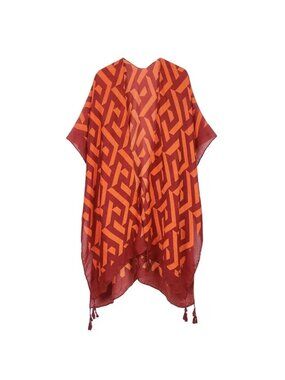 Geometric Rust & Orange Kimono Tassel Hem One Size Beach New Cruise Cover Up